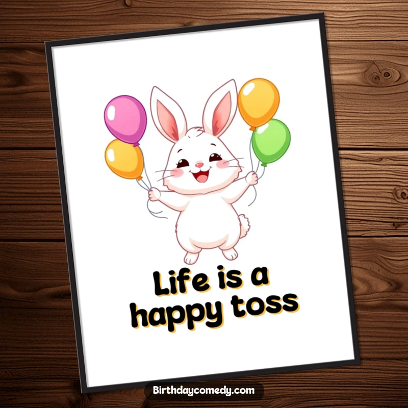 Funny Free Printable Wall Art: A fluffy bunny with a huge, joyful smile, skillfully juggling several brightly colored balloons.