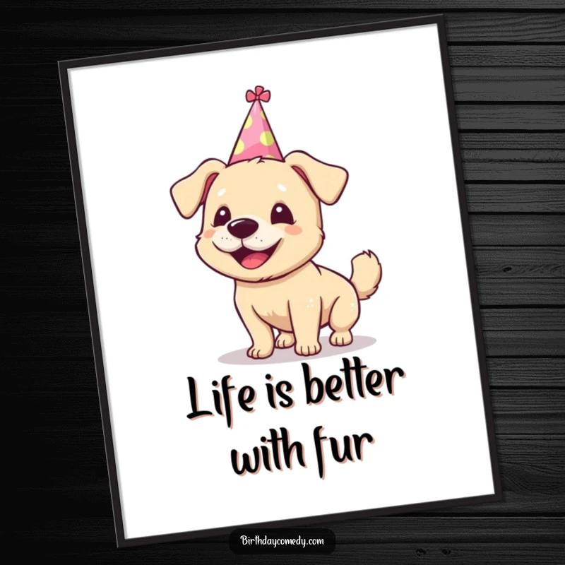Funny Free Printable Dog Wall Art: Silly dog with party hat askew, wagging tail, perfect for humorous home decor.
