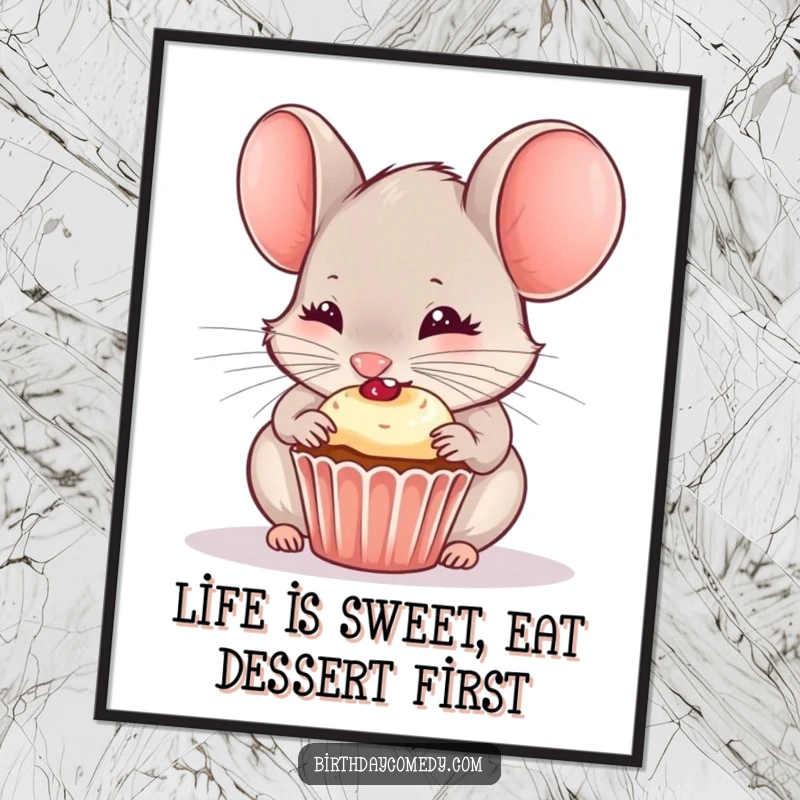 Funny Free Printable Wall Art: A curious mouse with wide eyes is blissfully nibbling on a tiny, frosted cupcake with pure glee.