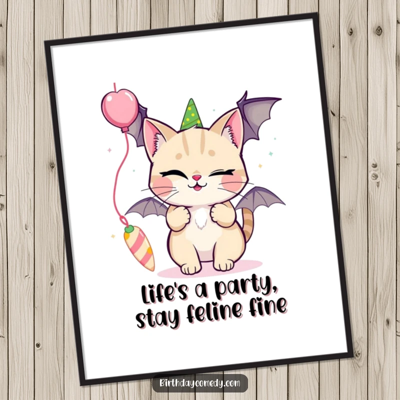 Funny Free Printable Wall Art: A cat with a sly wink is playfully batting at a bright, dangling party streamer with one paw.