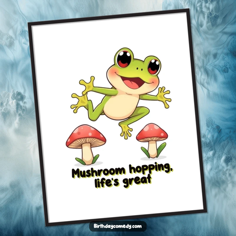 Funny Free Printable Wall Art: A joyful frog with wide, curious eyes leaps from one mushroom cap to another.