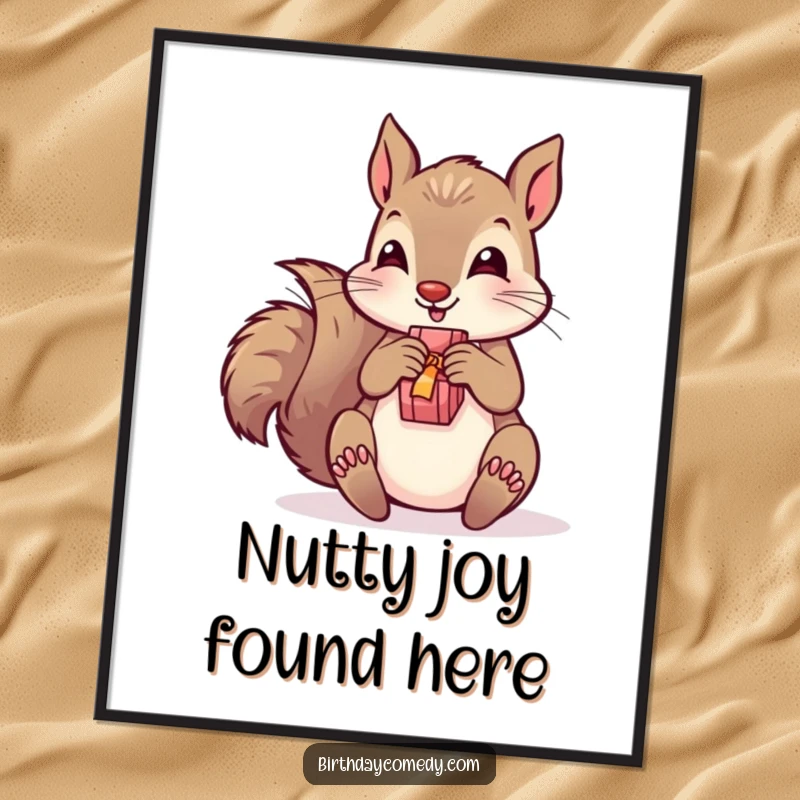 Funny free printable wall art of a playful squirrel eagerly unwrapping a small gift, a charming downloadable piece.