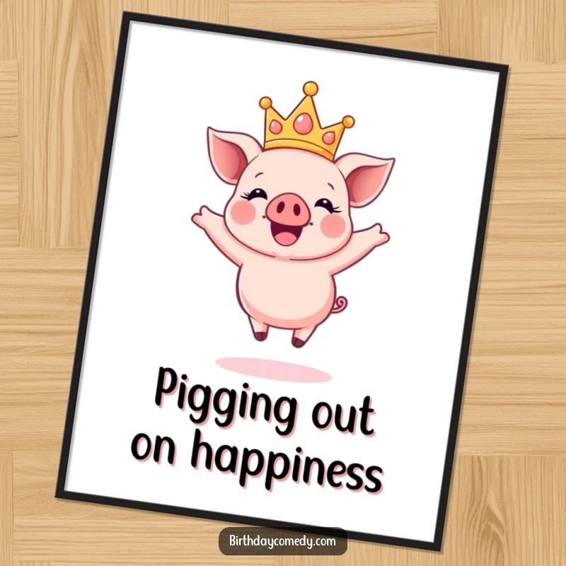 Funny Free Printable Wall Art: A happy piglet wearing a sparkly crown, jumping joyfully mid-air, adding a cheerful touch.