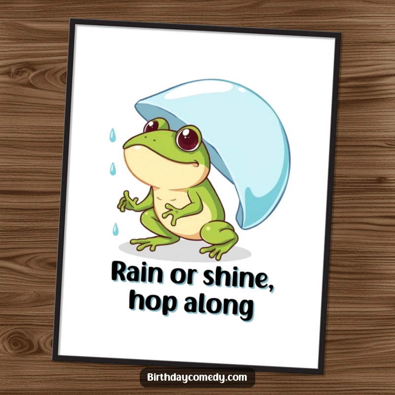 Funny Free Printable Wall Art: A frog with a focused, determined expression pushing a huge raindrop up a steep incline, symbolizing effort.