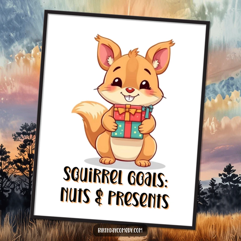 Funny Free Printable Wall Art: A playful squirrel with a huge, cheeky grin is surrounded by a delightful stack of colorful gift presents.