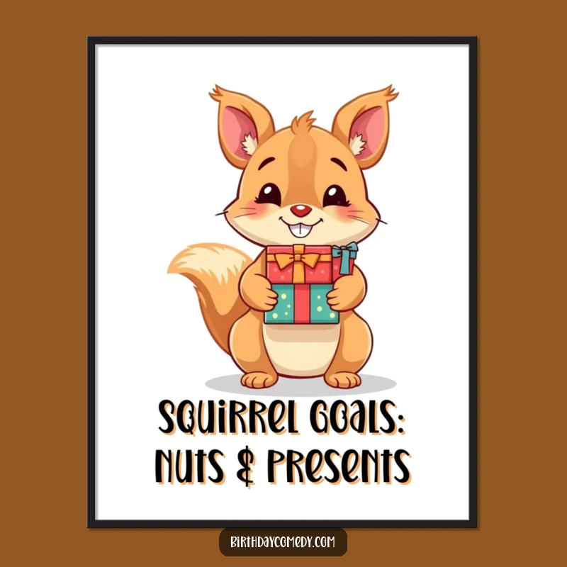 Free Printable Wall Art: Playful Squirrel with Presents, Funny Downloadable Home Decor