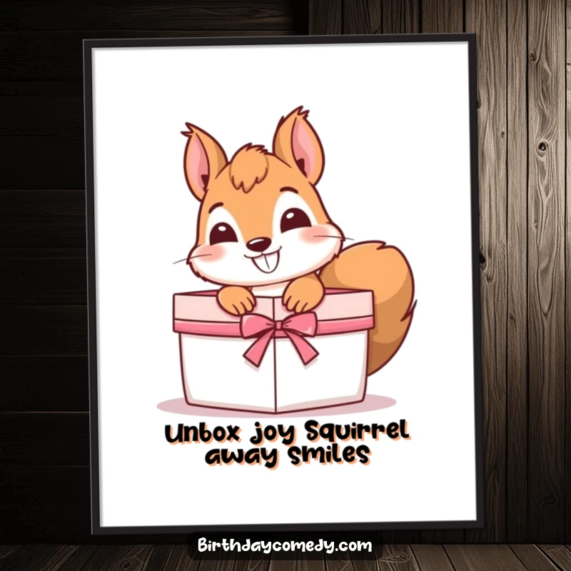 Funny free printable wall art of a curious squirrel peeking out from a gift box with a wide, happy grin, embodying playful curiosity.