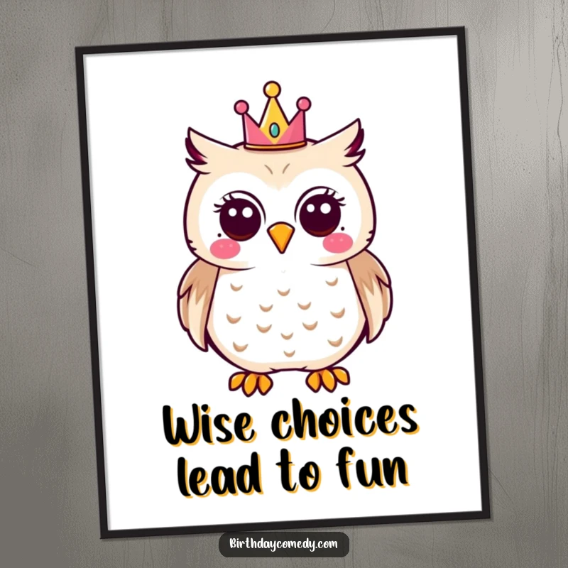 Funny Free Printable Wall Art: Joyful owl wearing a tiny party crown, bringing festive vibes to your decor.