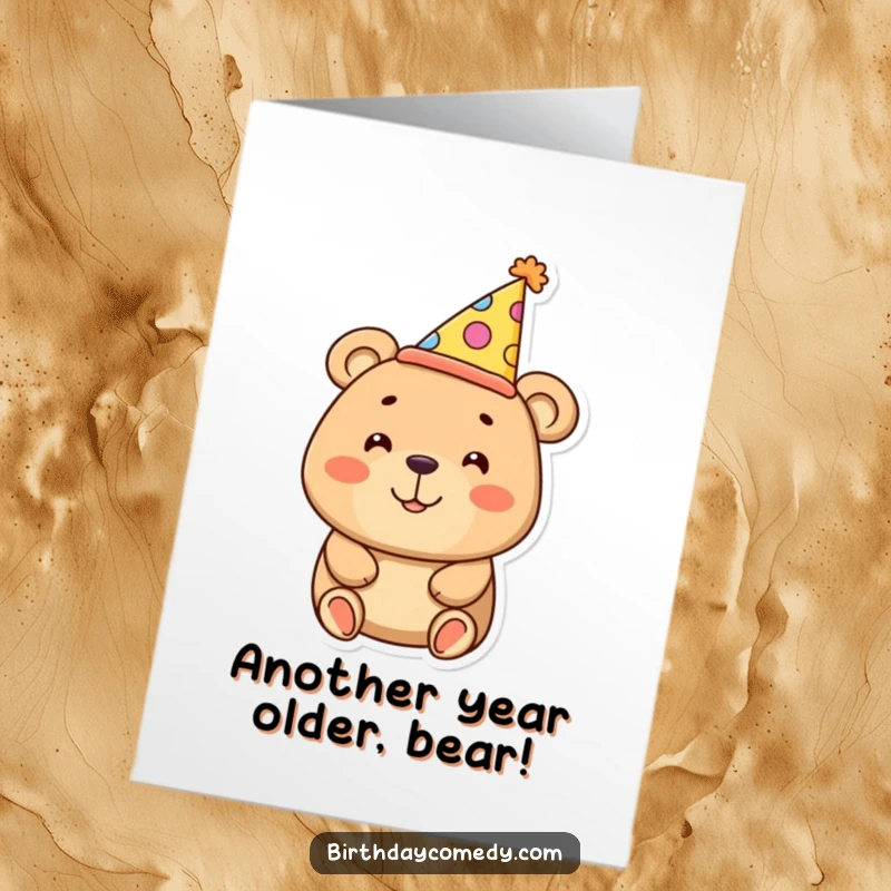 Funny Free Printable Birthday Card: Smiling bear comically wearing an oversized party hat, celebrating with joy.