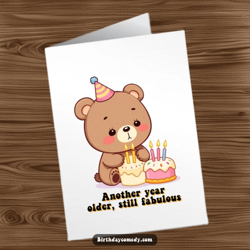 Funny Free Printable Birthday Card: Playful bear in party hat blowing candles, promising a laugh-filled celebration.