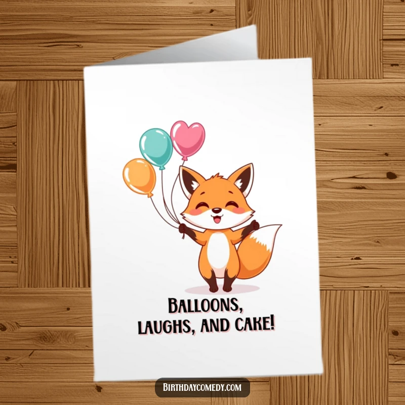 Funny Free Printable Birthday Card featuring a cheerful fox expertly juggling colorful balloons with a playful expression.