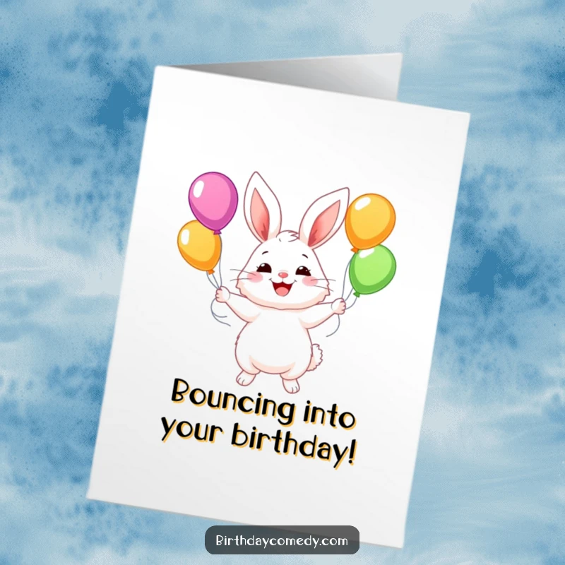 Funny Free Printable Birthday Card: A fluffy bunny with a big smile, expertly juggling colorful balloons.