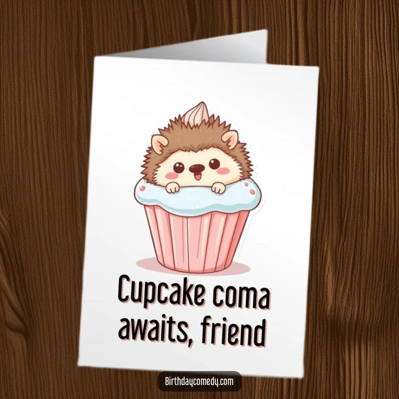 Funny Free Printable Birthday Card: A happy hedgehog curiously peeking from behind a massive, colorful birthday cupcake.