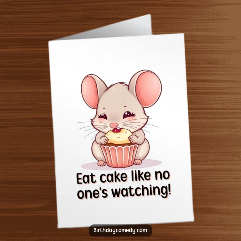 Funny Free Printable Birthday Card: A tiny mouse with eyes full of glee is happily nibbling on a miniature cupcake with frosting.
