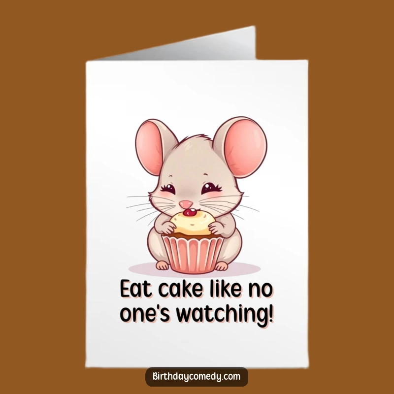 Free Printable Birthday Card: Mouse Eating Cupcake, Funny Downloadable Gift for Sweet Celebrations