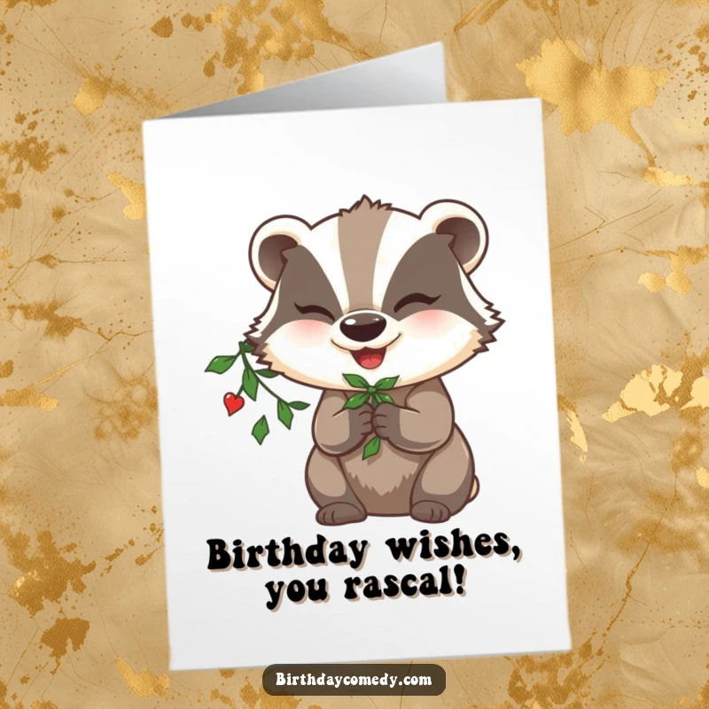 Funny free printable birthday card of a happy badger winking mischievously with mistletoe in its paw.