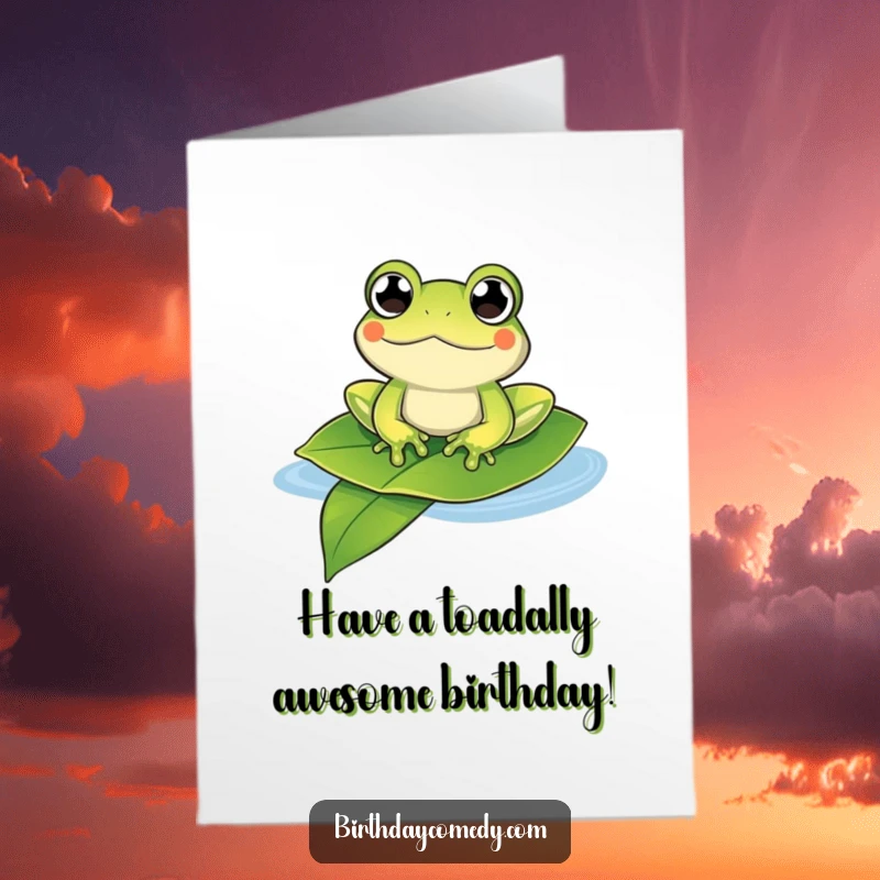 Funny Free Printable Birthday Card: A blissed-out frog with wide eyes floats serenely on a giant leaf, sending birthday wishes.