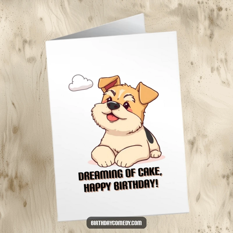 Free Printable Birthday Card: A content terrier resting peacefully, gazing thoughtfully at a distant cloud.