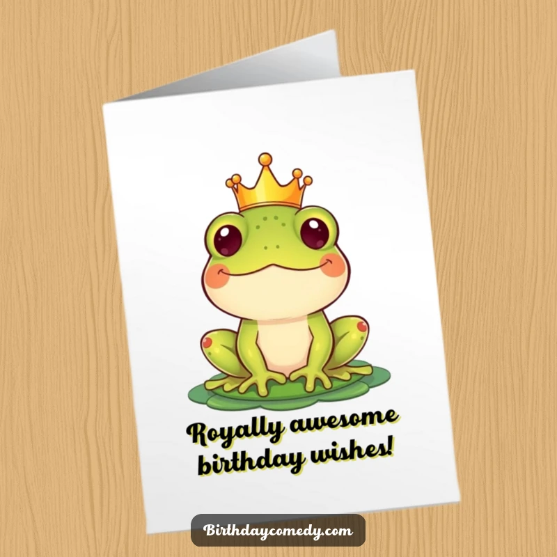 Funny Free Printable Birthday Card: Crowned frog balancing lily pad hat, spreading regal birthday joy.