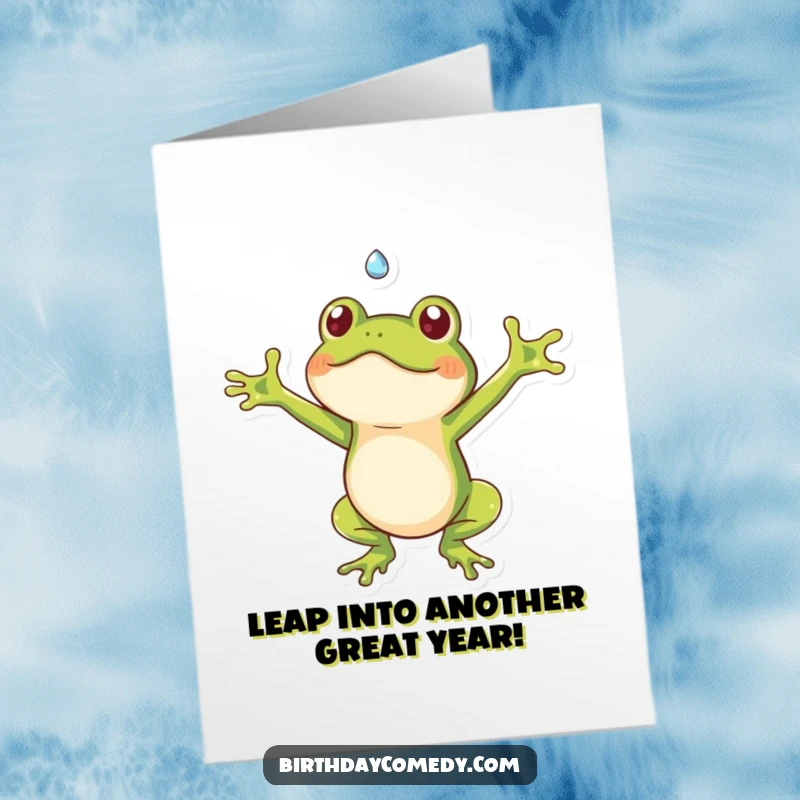 Funny Free Printable Birthday Card: Cheerful frog with arms wide, catching a sparkling dewdrop, ready to deliver birthday cheer.