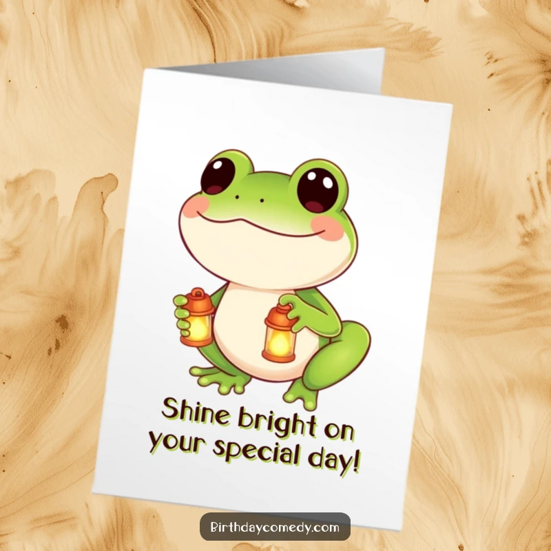Funny Free Printable Birthday Card: Smiling frog holds a glowing lantern, wishing a bright and happy celebration.