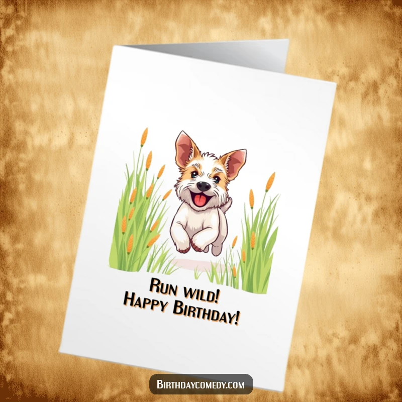 Free Printable Birthday Card: A very happy terrier running with ears flapping through tall grass.