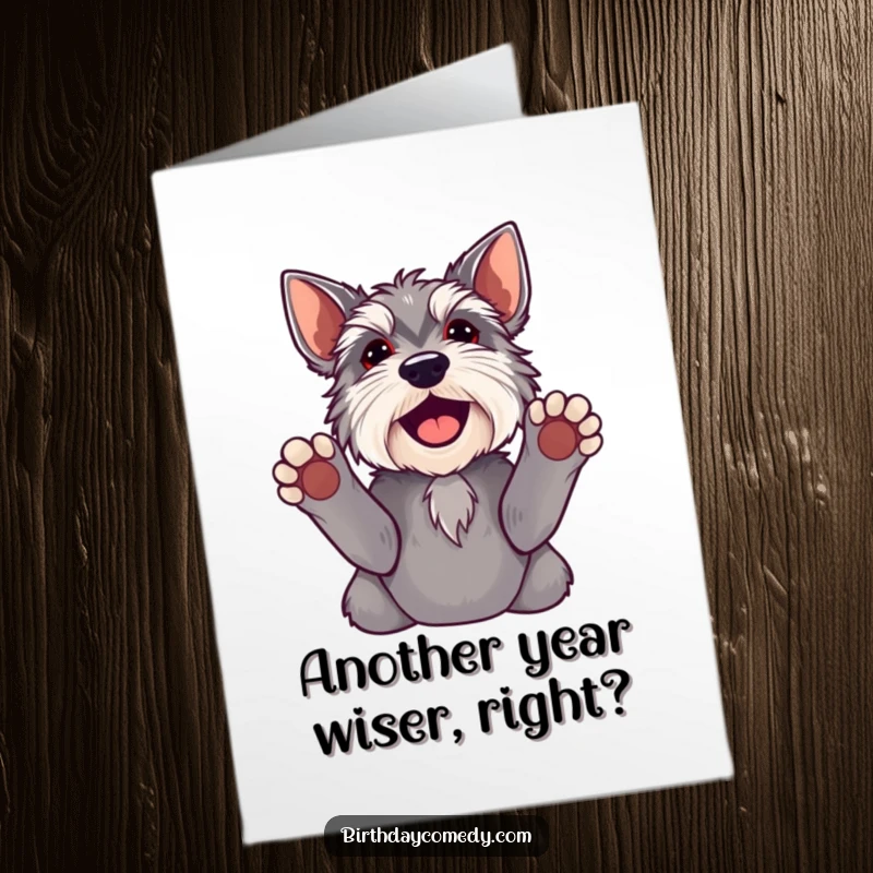 Funny Free Printable Birthday Card: Joyful schnauzer with paws raised, looking up, celebrating a birthday with humor. Downloadable art.