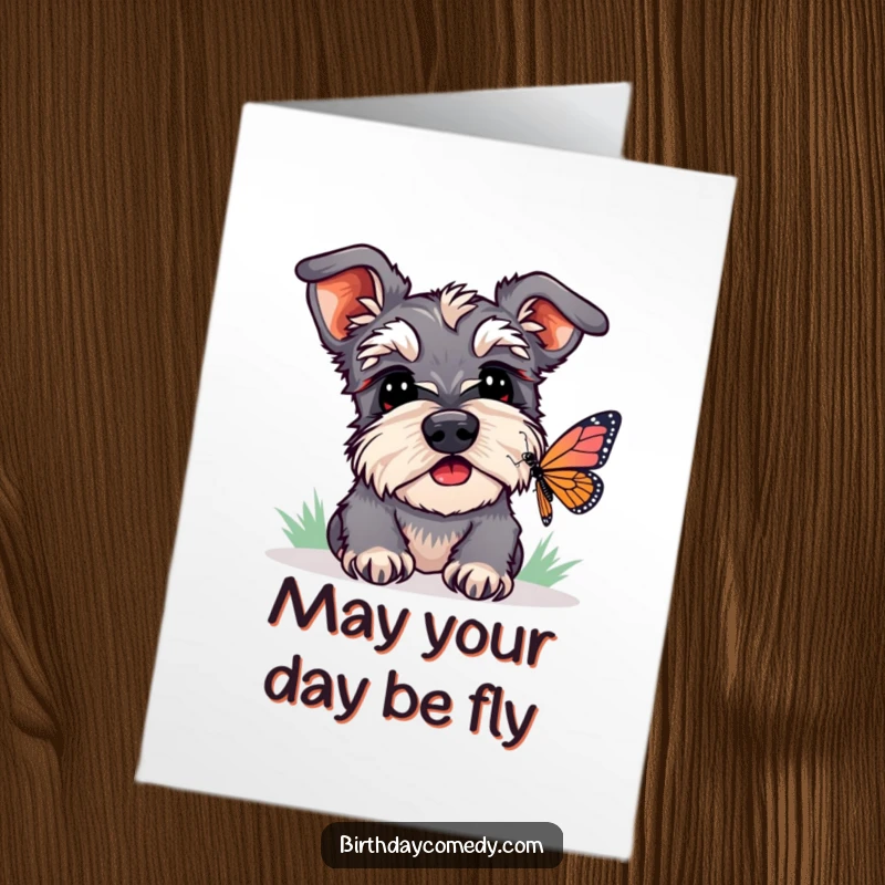 Funny Free Printable Birthday Card: Playful schnauzer, head tilted, ears perked, watching a butterfly, bringing humor to a birthday download.