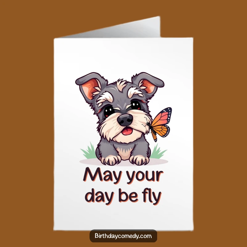 Free Printable Birthday Card: Playful Schnauzer & Butterfly Funny Dog Downloadable Gift
