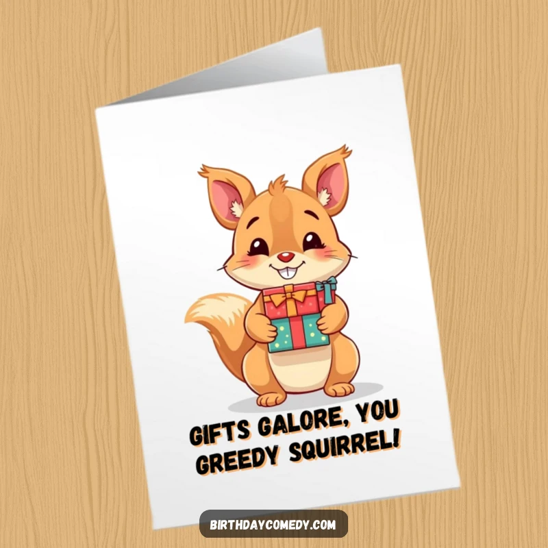 Funny Free Printable Birthday Card: A cheerful squirrel with a huge grin holds a massive stack of wrapped presents, ready to celebrate.