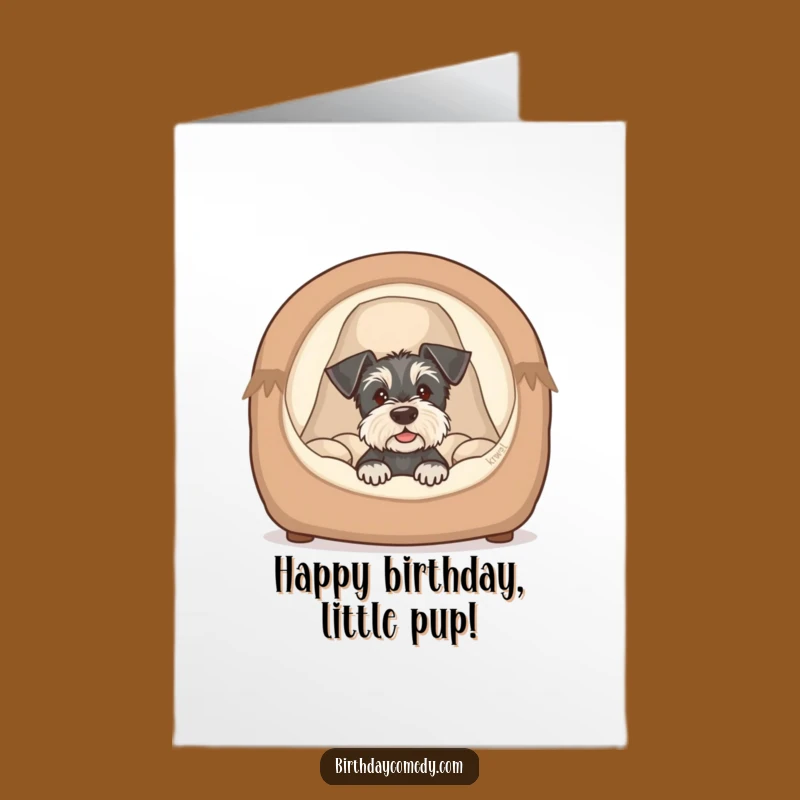 Free Printable Birthday Card: Schnauzer Puppy Cozy Bed Funny Dog Downloadable Gift