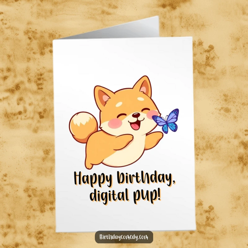 Funny Free Printable Birthday Card: A joyous Shiba Inu with a wagging tail enthusiastically chases a glowing digital butterfly.