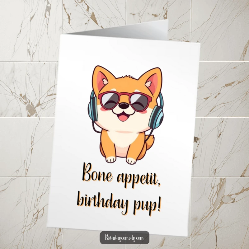 Funny Free Printable Birthday Card showing a silly Shiba Inu with retro headphones bobbing its head to music, ready to party.