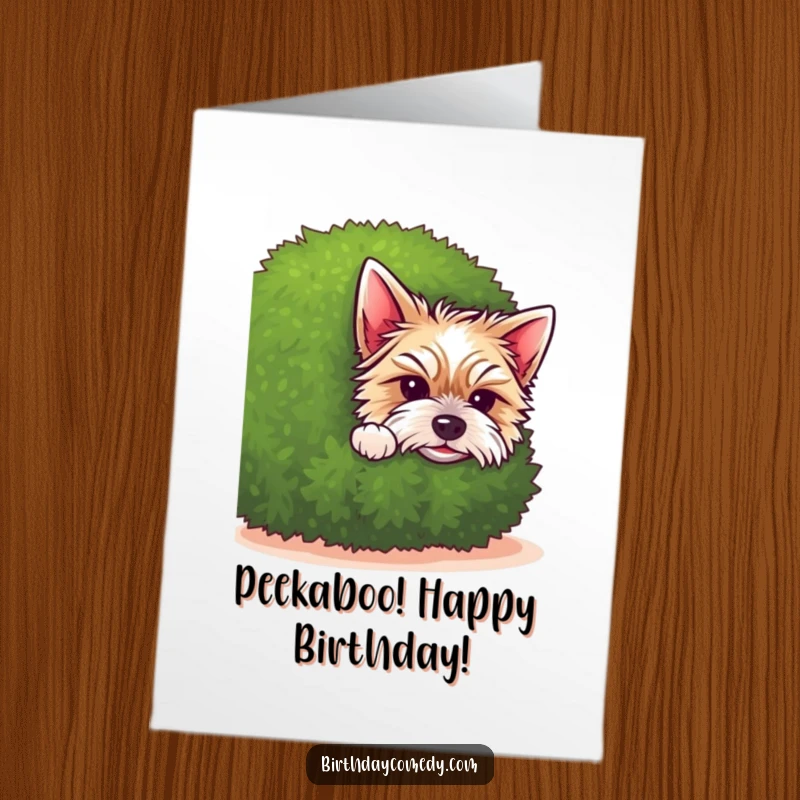 Free Printable Birthday Card: A cute terrier puppy peeking with big eyes from behind a green shrub.