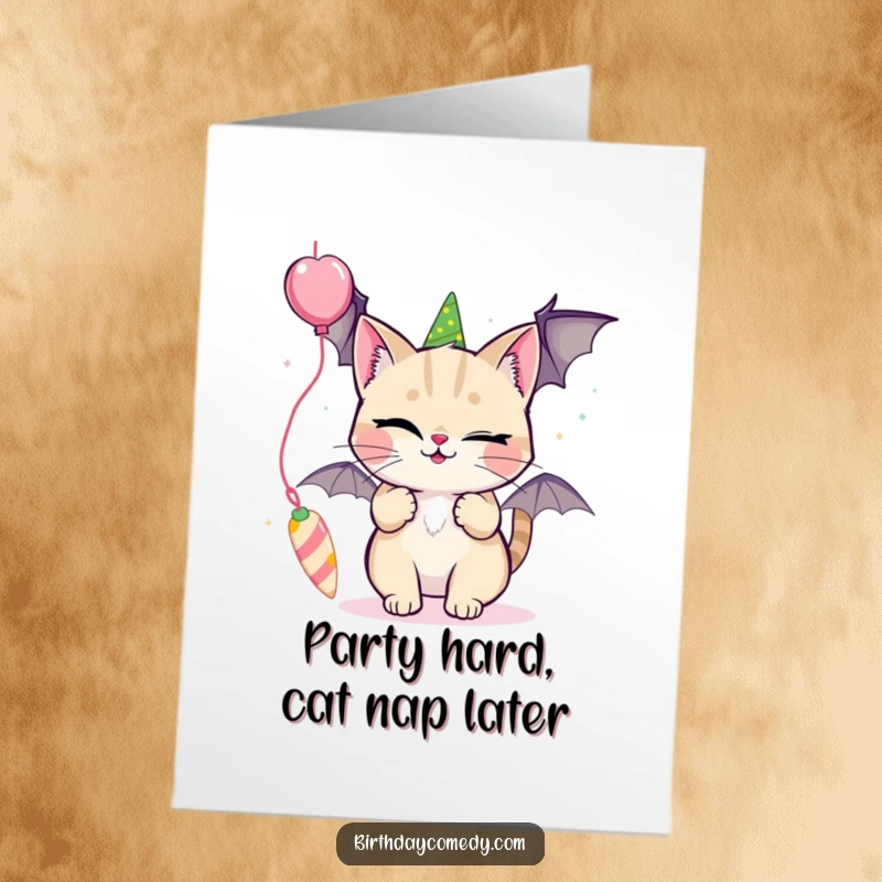 Funny Free Printable Birthday Card: A sly cat with a wink playfully bats at a long, dangling party streamer with its paw.