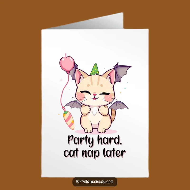 Free Printable Birthday Card: Winking Cat & Streamer, Funny Downloadable Gift for Cat Lovers