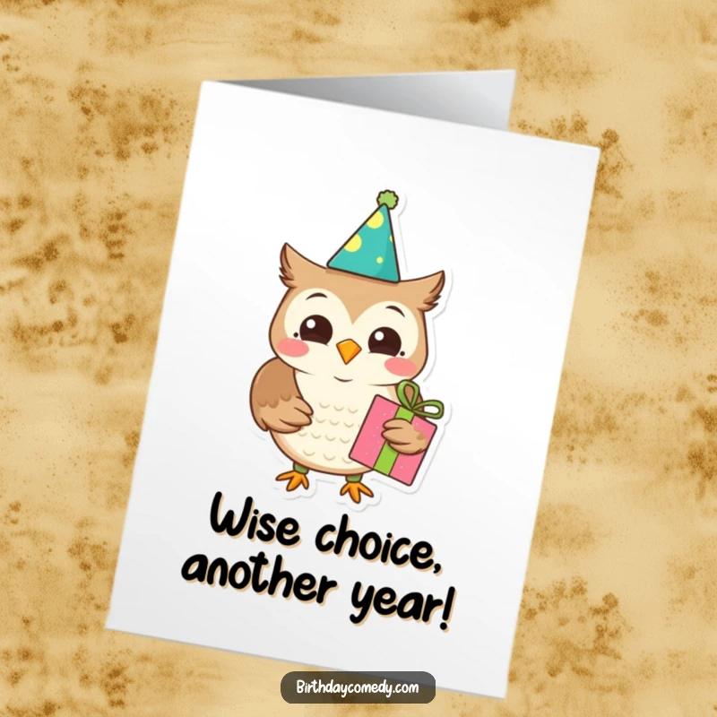 Funny Free Printable Birthday Card: Joyful owl in party hat holds gift, ready to celebrate with downloadable humor.