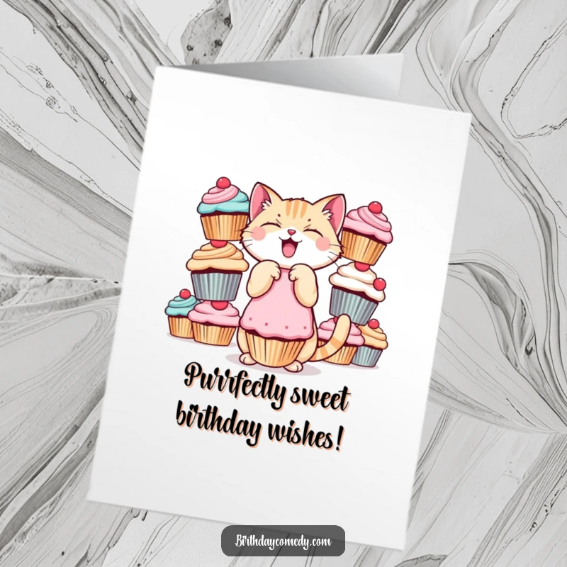 Funny Free Printable Birthday Card: Giggling cat wobbles with huge cupcakes, a hilarious downloadable birthday wish.
