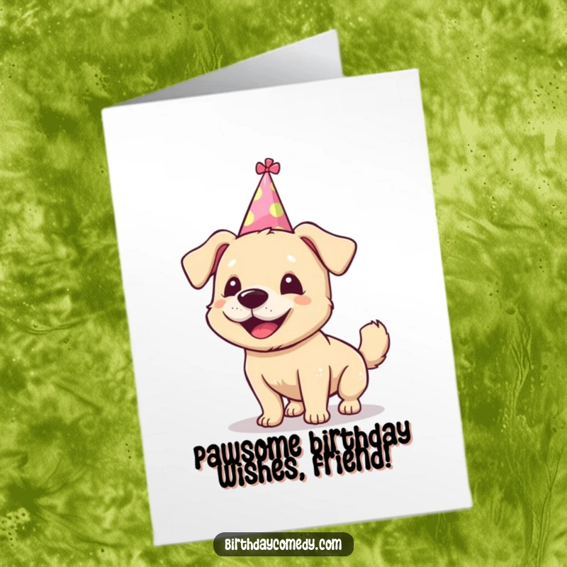 Funny Free Printable Birthday Card: Silly dog in party hat wags tail, a hilarious downloadable birthday wish.