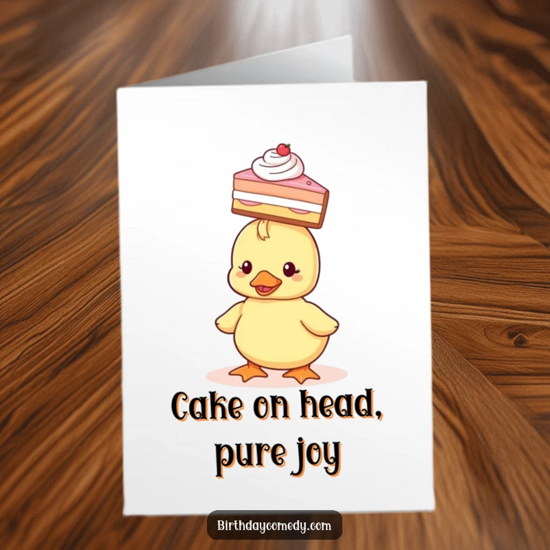 Funny free printable birthday card featuring a tiny duckling adorably balancing a slice of cake on its head, celebrating sweet moments.