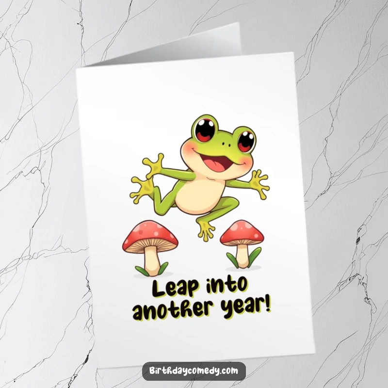Funny Free Printable Birthday Card: A joyful frog with curious eyes leaps between mushroom caps.