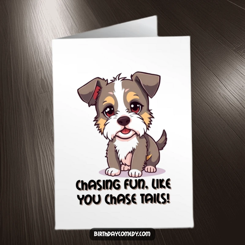 Funny Free Printable Birthday Card: Silly terrier joyfully chasing its shadow with a mischievous glint.