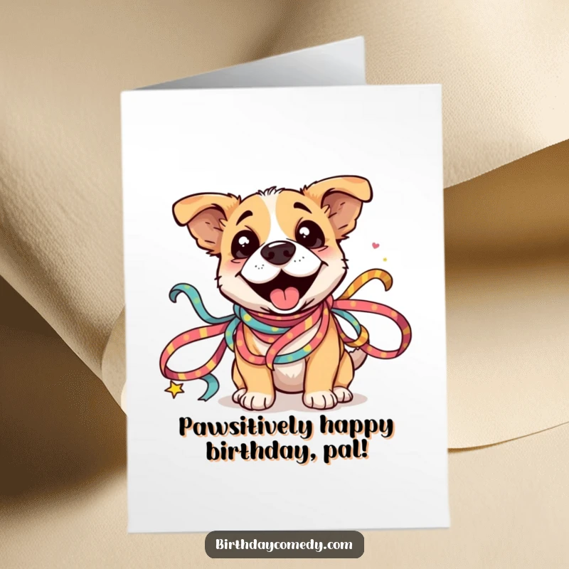 Funny Free Printable Dog Birthday Card: Silly dog happily tangled in colorful ribbons, wishing a happy birthday.