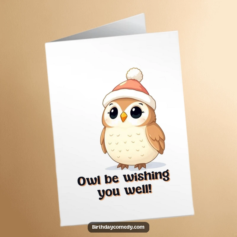 Funny Free Printable Owl Birthday Card: Cute owl in stocking cap gazes at twinkling lights, ready for a festive greeting.