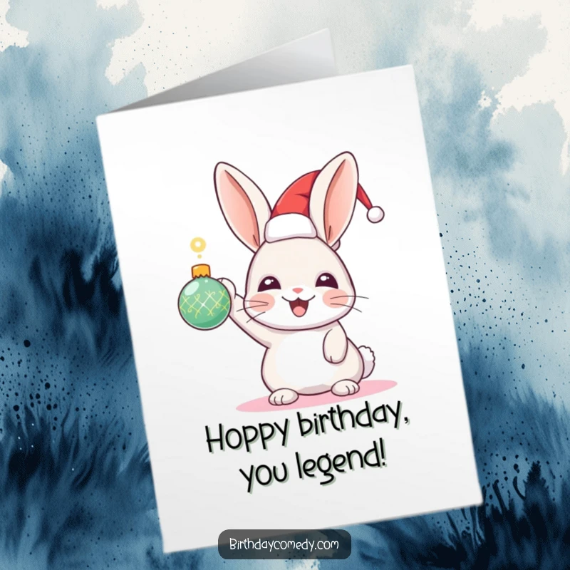 Funny Free Printable Rabbit Birthday Card: Joyful rabbit in festive hat holds a sparkling ornament, celebrating a birthday.
