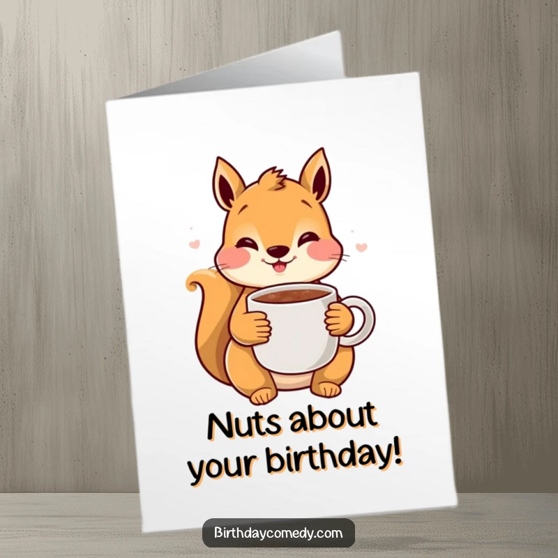 Funny Free Printable Squirrel Birthday Card: Content squirrel with rosy cheeks sips cocoa, wishing a happy birthday.