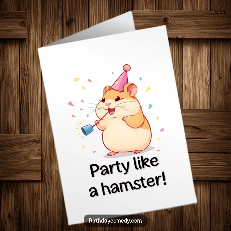Funny Free Printable Birthday Card: A plump hamster in a streamer joyfully chases confetti from a cannon.
