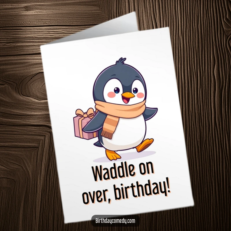 Funny free printable birthday card of a cheerful penguin in a scarf waddling excitedly with a gift.