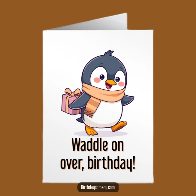 Free Printable Penguin Birthday Card: Funny Waddling Friend with Gift