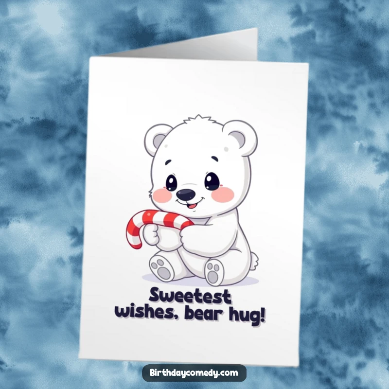 Funny free printable birthday card featuring a cute polar bear cub holding a candy cane with an intrigued expression.